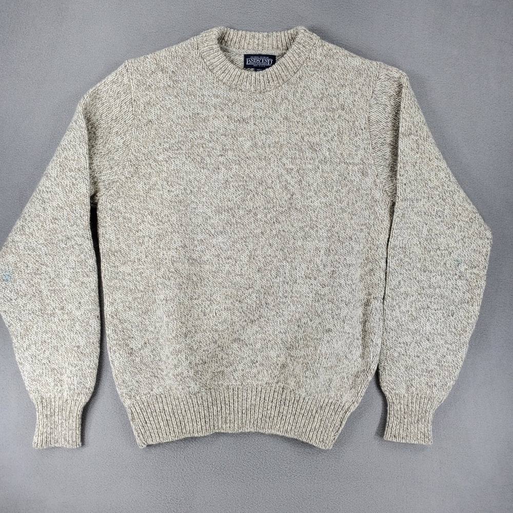 Lands End Sweater Mens M Oatmeal Heather Wool Blend Marled Crewneck Vintage USA